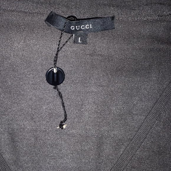 NWOT GUCCI silk ash brown knit top with neck tie and bell like sleeves sz L - Picture 1 of 5